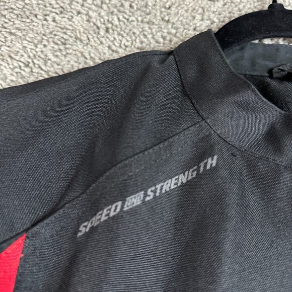 Speedy And Strength Motorcycle Jacket Mens Large Black Red Padded Back & Elbows - Picture 4 of 14